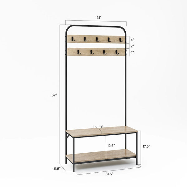 Oak Color Hall Tree 32" Wide with Bench and Shoe Storage - 31.5×11.5×67 Inches