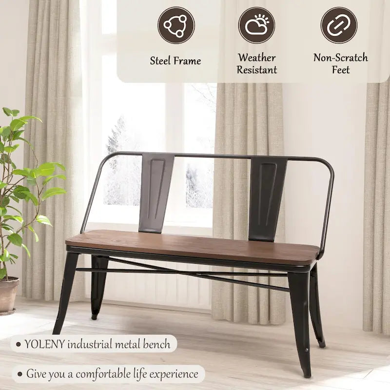 Dining Bench, Entryway Bench with Back, Farmhouse Metal Dining Bench, Industrial Mid-Century 3 Person Bench, Wood Seat
