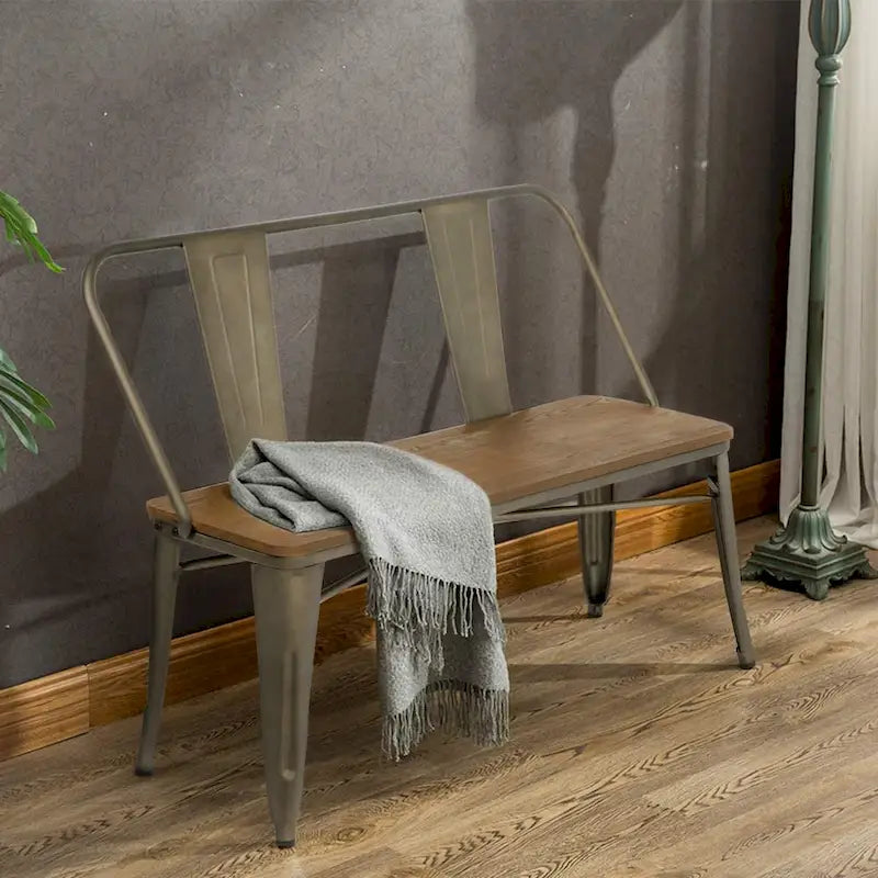 Dining Bench, Entryway Bench with Back, Farmhouse Metal Dining Bench, Industrial Mid-Century 3 Person Bench, Wood Seat