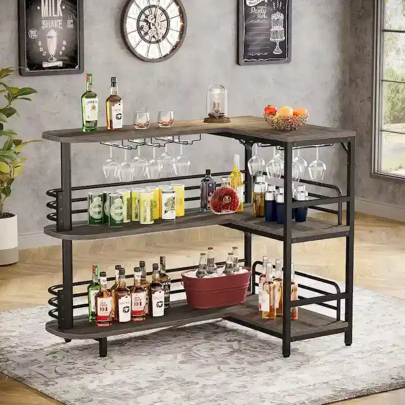 L-Shaped Home Bar Unit, 3 Tier Liquor Bar Table with Wine Glasses Holder, Corner Wine Bar Cabinet for Home Kitchen Pub