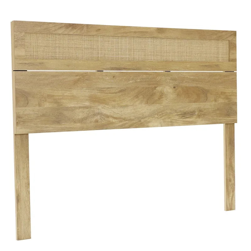 Oak Finish Manufactured Wood with Natural Rattan Top Headboard, King or Queen