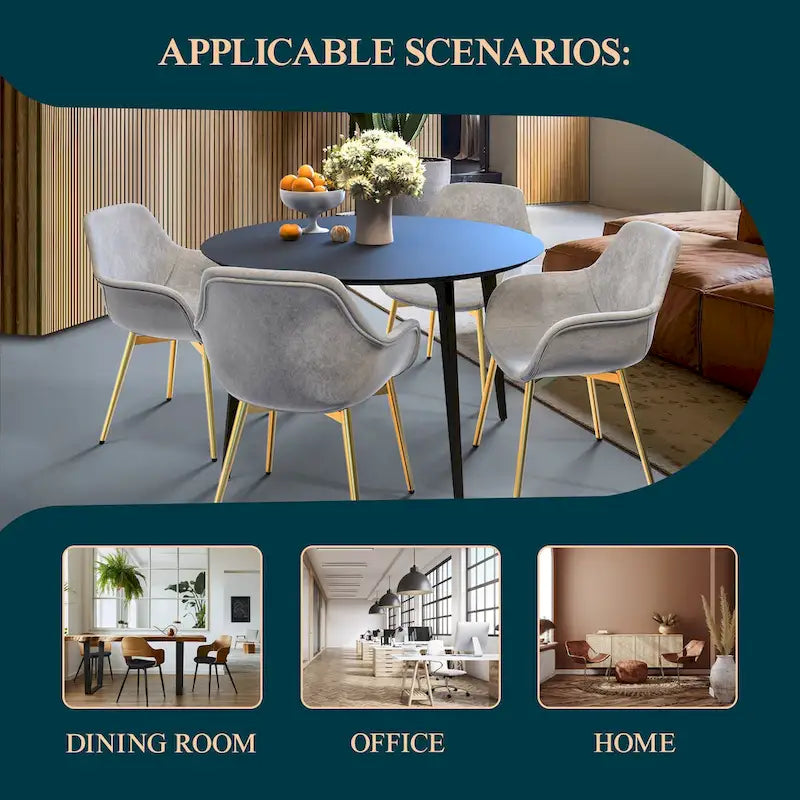 Modern Leather Dining Armchair Set of 4 With Gold Metal Legs Accent Side Chair
