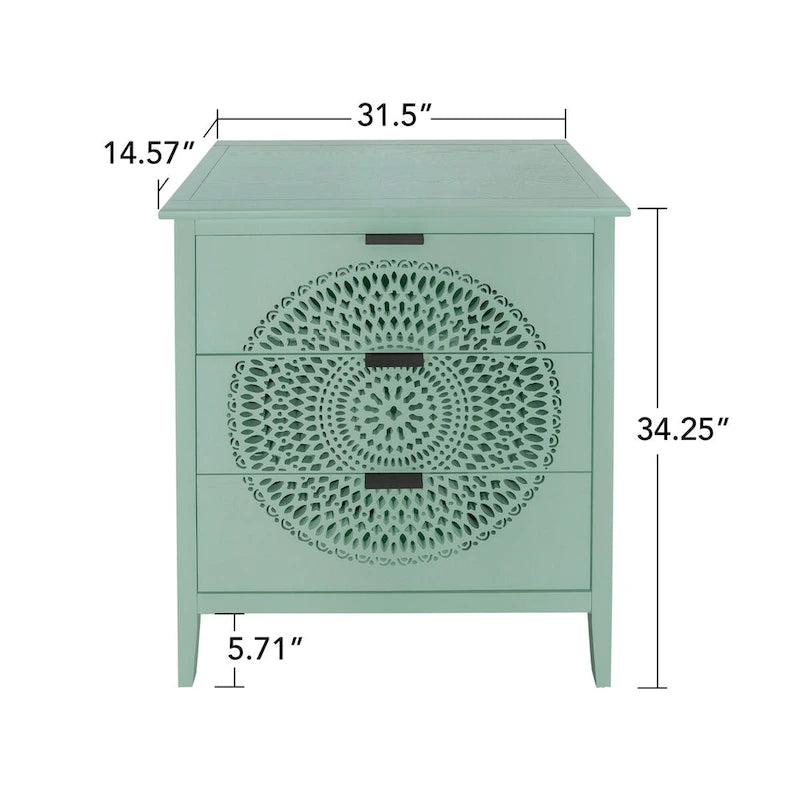 Hollow-Carved 3-Drawers Nightstand with Metal Handles